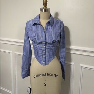 Bershka Blue and White Striped Button Down Shirt